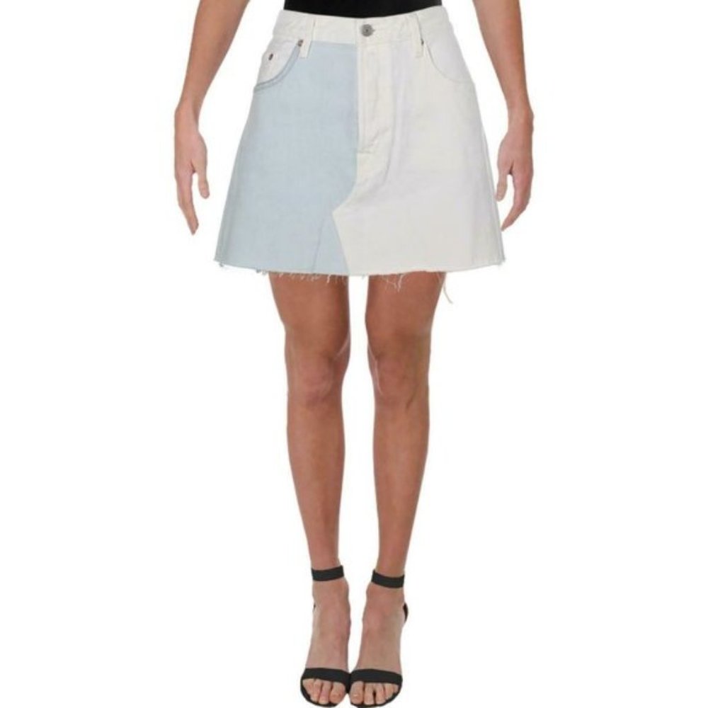 White/Blue Color Block Flat Front Button Fly Cute Denim Skirt Size 32=14
